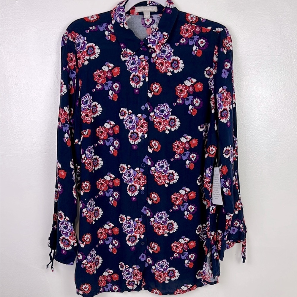 Woman Within New Women’s 14/16 M Button Up Ruched Sleeves Floral‎ Print Tunic